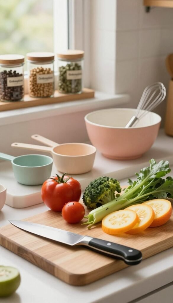 A beautiful and inviting kitchen scene showcasing essential cooking utensils for everyday use, organized neatly in a stylish setting. In the foreground, a wooden cutting board is placed prominently with a sharp chef's knife and a variety of colorful fresh vegetables artfully arranged. The middle layer features a set of measuring cups, a mixing bowl, and a whisk, all in soft pastel colors reflecting a warm, inviting atmosphere. In the background, a serene window allows gentle natural light to flood the space, illuminating a decorative shelf with neatly stacked spice jars labeled "Ordnungskiste." The overall tone exudes a cozy, Pinterest-inspired aesthetic, highlighting the beauty of simplicity in the kitchen while capturing a sense of functionality and warmth.