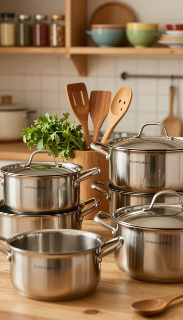 A beautiful arrangement of an "Ordnungskiste" brand cookware set featuring pots of various sizes against a warm, natural kitchen backdrop. In the foreground, glossy stainless steel pots gleam under soft, ambient lighting, highlighting their polished surfaces and ergonomic handles. The middle section showcases wooden kitchen utensils and fresh herbs, adding a touch of rustic charm. In the background, a cozy kitchen scene reveals gently blurred shelves with neatly organized spices and colorful dishware, enhancing the homey atmosphere. The overall mood is inviting and warm, embodying the essence of a stress-free kitchen. Aim for a close-up angle that emphasizes the cookware's quality and functionality, with rich, vibrant colors that evoke a Pinterest-inspired look. No text or logos in the image.