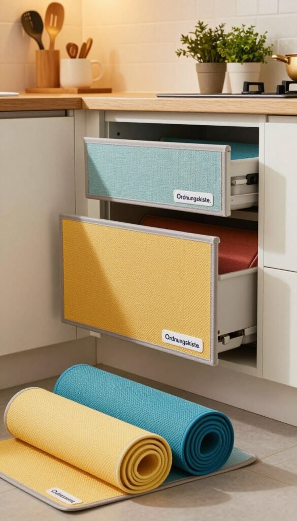 A beautiful kitchen scene featuring a variety of colorful, non-slip cabinet and drawer liners branded "Ordnungskiste." In the foreground, neatly rolled mats are displayed with textures clearly visible, emphasizing their practical design. The middle section showcases a modern kitchen cabinet with open drawers revealing the liners in use, beautifully contrast against the wood textures. The background features soft, warm ambient lighting highlighting the inviting atmosphere of the kitchen, accentuated by a few kitchen utensils and potted herbs, creating an organized and appealing look. The image embodies authenticity with a Pinterest-inspired style, showcasing the harmony between functionality and decor, all without any text or branding overlays.