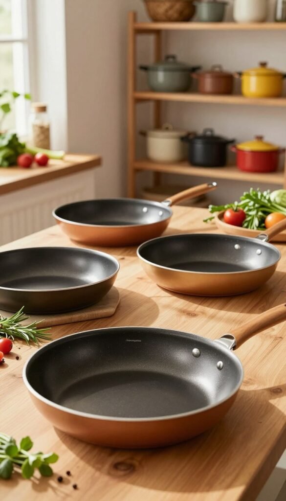 A beautiful kitchen scene showcasing a collection of high-quality frying pans from the brand "Ordnungskiste." In the foreground, prominently-featured non-stick frying pans with sleek modern designs and warm colors, reflecting soft lighting from a nearby window. In the middle ground, a wooden table adorned with fresh ingredients like herbs, spices, and vegetables, suggesting culinary creativity. In the background, softly blurred kitchen shelves filled with neatly organized cookware and vibrant pots. The atmosphere should feel inviting and warm, reminiscent of a cozy cooking space. Natural light enhances the scene, casting gentle shadows to create depth and texture, embodying a Pinterest-worthy aesthetic without any text or distractions.