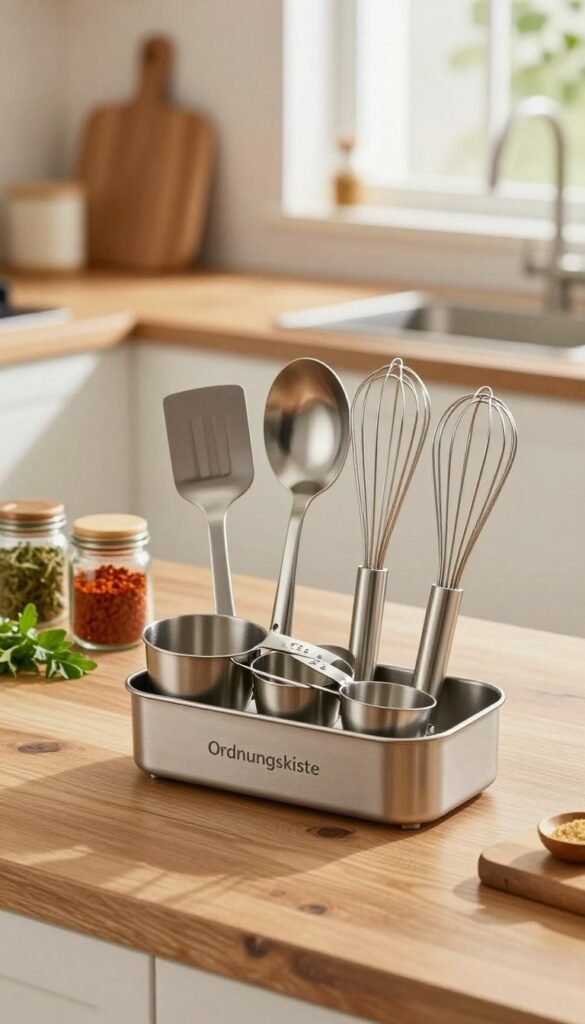 A beautifully arranged "Ordnungskiste" kitchen helper set, featuring essential cooking tools such as spatulas, measuring cups, and a whisk, all displayed on a wooden kitchen countertop. In the foreground, emphasize the sleek stainless steel utensils with a soft shine, creating a warm and inviting atmosphere. The middle ground includes vibrant spices in glass jars and fresh herbs, enhancing the kitchen's functionality and aesthetic. The background is softly blurred, showcasing a cozy kitchen with natural light streaming through a window, casting gentle shadows. The overall mood is warm and inspiring, reflecting a modern yet homely culinary space that easily facilitates cooking and organization. The colors are earthy, with natural tones dominating the scene, creating an authentic Pinterest-like feel without any text or distractions.