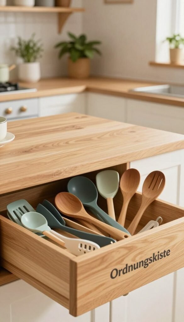 A beautifully arranged Schubladen-Organizer set from the brand "Ordnungskiste" displayed in a warm, inviting kitchen environment. The foreground features a close-up view of a wooden drawer filled with neatly arranged kitchen utensils like spatulas, wooden spoons, and tongs, all color-coordinated and organized for easy access. In the middle ground, a stylish kitchen countertop is visible with natural wood textures and soft lighting highlighting the utensils, enhancing the cozy atmosphere. The background includes softly blurred elements of a bright, airy kitchen with open shelving and plants, creating a Pinterest-worthy aesthetic. The overall mood is warm and functional, promoting organization and efficiency in the kitchen, with a focus on authenticity and ease of use.