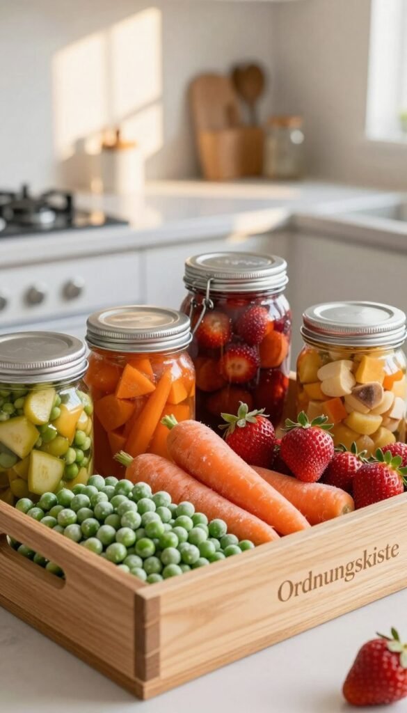 A beautifully arranged collection of frozen vegetables and fruits, inspired by the "Ordnungskiste" brand, elegantly displayed in a wooden crate. In the foreground, vibrant green peas, bright orange carrots, and deep red strawberries are artfully mixed with glass jars filled with colorful preserved fruits and vegetables. The middle ground features a subtle kitchen setting with a modern countertop and soft-focus utensils hinting at culinary preparation. The background includes soft, natural lighting filtering through a window, casting warm shadows, enhancing the inviting atmosphere. Capture the essence of a hassle-free cooking experience with a Pinterest aesthetic, focusing on fresh, appealing ingredients in a neat and orderly manner, emphasizing simplicity and convenience in meal preparation.