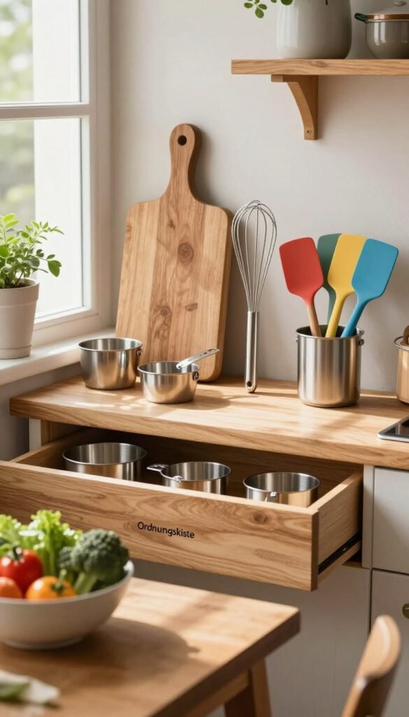 A beautifully arranged collection of kitchen utensils, showcasing a variety of essential items such as a wooden cutting board, stainless steel measuring cups, a sleek whisk, and a set of colorful spatulas. The utensils neatly organized and displayed in a rustic kitchen setting with natural light streaming through a window, casting soft shadows. The foreground features a cozy, inviting table adorned with a bowl of fresh vegetables, while the middle ground highlights the utensils arranged artfully in a drawer and on a countertop. The background includes hints of plants and kitchen decor that add warmth and authenticity to the scene. This composition evokes a sense of practicality and comfort, creating a Pinterest-inspired look. Emphasize the brand name "Ordnungskiste" subtly integrated into the design without any text overlays.