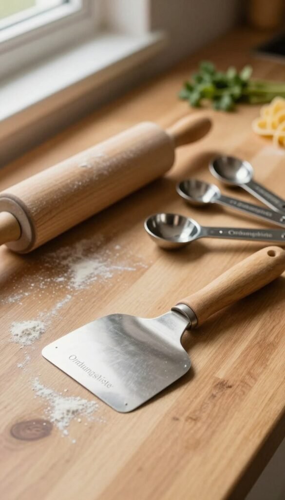 A beautifully arranged collection of pasta tools, including a dough scraper, pasta cutter, rolling pin, and a variety of measuring spoons, set against a warm-toned wooden kitchen countertop. In the foreground, the dough scraper is prominently displayed, with a slightly blurred rolling pin and pasta cutter in the mid-ground to create depth. A soft, natural light filters in from an unseen window, casting gentle shadows that enhance the textures of the tools. In the background, a hint of herbs and flour dust adds to the authentic kitchen atmosphere. The overall mood is inviting and cozy, reflecting the joy of cooking. The brand name "Ordnungskiste" subtly integrated into the scene without being obtrusive.