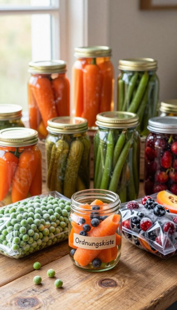 A beautifully arranged collection of preserved vegetables and fruits, showcasing jars filled with vibrant pickled carrots, green beans, and glistening berries, all displayed on a rustic wooden table. In the foreground, a delicate glass jar labeled "Ordnungskiste" highlights the theme of organization. The middle ground features a variety of frozen produce, such as bright green peas and colorful bell peppers in their frosted packaging, creating a sense of freshness and practicality. In the background, soft natural light spills through a nearby window, casting warm golden hues on the scene, evoking a cozy and inviting atmosphere. The image embodies a Pinterest-worthy aesthetic, focusing on natural elements and a harmonious color palette that emphasizes the beauty and utility of canned and frozen foods without any text or distractions.