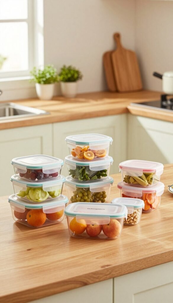 A beautifully arranged collection of stackable food storage containers by "Ordnungskiste" in a modern kitchen setting. In the foreground, showcase an array of colorful containers with clear lids, some opened to reveal fresh ingredients like fruits and vegetables. In the middle, a wooden kitchen countertop with decorative herbs in small pots adds warmth. The background features a softly lit kitchen with warm, inviting colors, including light wood and pastel hues. Natural sunlight streams through a window, creating soft shadows. The image captures an organized and efficient kitchen ambiance, highlighting the practicality and elegance of these storage solutions, and exuding a Pinterest-inspired aesthetic filled with warmth and authenticity.