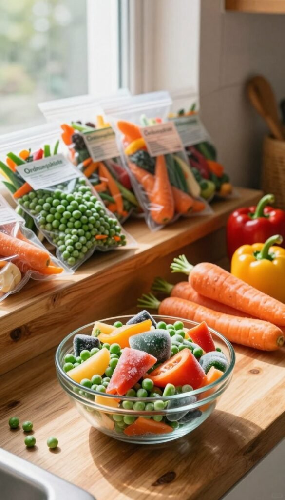 A beautifully arranged display of vibrant frozen vegetables, including bright green peas, colorful bell peppers, and deep orange carrots, set against a rustic wooden kitchen countertop. In the foreground, a chic glass bowl filled with assorted frozen vegetables catches the light, highlighting their natural colors. The middle layer includes several neatly organized packages of frozen vegetables, subtly branded with the name "Ordnungskiste." In the background, soft, natural light streams through a window, illuminating the scene and casting gentle shadows, creating a warm, inviting atmosphere. The mood is cozy and inspiring, evoking a sense of ease and delight in cooking. The overall composition is harmonious, reflecting a Pinterest-inspired aesthetic, with no text or distractions in the image.