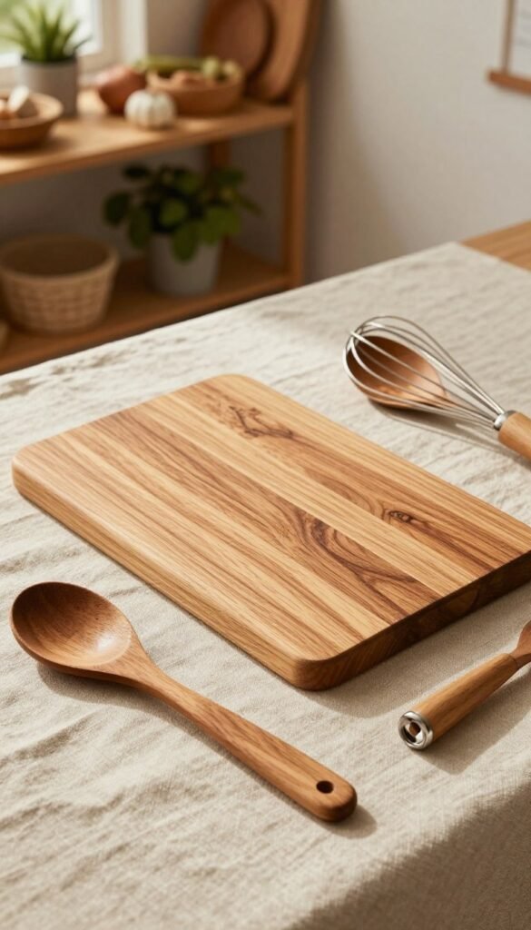A beautifully arranged flat lay of wooden kitchen utensils, including a cutting board, spoons, and a whisk, all crafted from high-quality wood, showcasing their natural grains. The utensils are set against a soft, textured linen cloth in warm earth tones. In the background, a rustic kitchen setting can be seen with wooden shelves holding various ingredients and plants, adding a homely feel. Natural light filters through a nearby window, casting gentle shadows and highlighting the rich hues of the wood. The overall atmosphere is cozy and inviting, embodying the essence of "Ordnungskiste" with an authentic Pinterest aesthetic, emphasizing the beauty and warmth of wooden kitchen helpers, while maintaining a professional look free of any text or distractions.