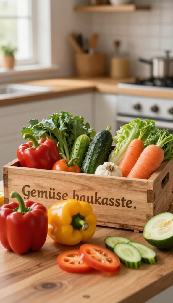 A beautifully arranged "gem&uuml;se baukasten" showcasing a variety of fresh vegetables like bell peppers, cucumbers, and carrots, artfully presented in a rustic wooden box labeled "Ordnungskiste." The foreground features vibrant, colorful vegetables with a few being sliced and prepared, indicating versatility. In the middle, the wooden box is slightly open, revealing compartments filled with different ingredients, symbolizing modular cooking concepts where each item can be used in multiple dishes. The background includes a softly blurred kitchen scene with warm, inviting lighting from a nearby window, creating an atmosphere of homely comfort. The overall mood is earthy and wholesome, reflecting a sustainable and practical approach to meal planning, styled with a Pinterest-worthy aesthetic that enhances the appealing natural colors of the vegetables.