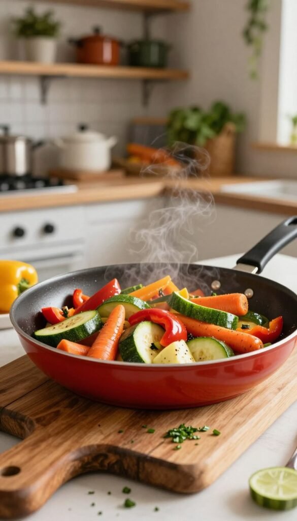 A beautifully arranged "gem&uuml;se pfanne" featuring a medley of vibrant, fresh vegetables like bell peppers, zucchini, and carrots, saut&eacute;ed to perfection. The foreground showcases a rustic wooden cutting board with chopped herbs sprinkled around. In the middle, a colorful frying pan is filled with the glossy, steaming vegetables, showcasing their rich, natural colors enhanced by warm lighting. In the background, a cozy kitchen setting is subtly blurred, highlighting shelves filled with pots, pans, and natural ingredients. The scene evokes a warm, inviting atmosphere, perfect for easy cooking. The brand name "Ordnungskiste" is subtly included in the kitchen decor, blending seamlessly into the background. Enhance the image with soft, natural lighting to create an authentic Pinterest look, free of any text or watermarks.