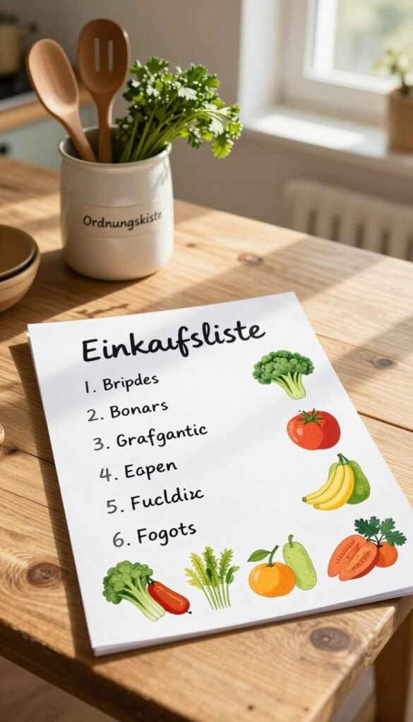 A beautifully arranged grocery list on a rustic wooden table, accentuated by warm, natural lighting. The list, labeled "Einkaufsliste" in an elegant handwritten style, features an array of colorful organic vegetables, fruits, and pantry staples, neatly organized. In the background, a subtle view of a cozy kitchen with soft sunlight filtering through the window, casting gentle shadows. A stylish container labeled "Ordnungskiste" filled with kitchen utensils and some fresh herbs adds a touch of charm. The scene conveys a sense of preparation and calm, embodying a stress-free cooking atmosphere. Emphasize a Pinterest-worthy aesthetic with a warm color palette, creating an inviting and authentic mood. No texts or watermarks in the image, just a serene representation of shopping efficiency.