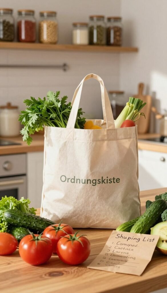 A beautifully arranged grocery shopping scene that illustrates the concept of stress-free cooking. In the foreground, a wooden table displays a vibrant and colorful array of fresh ingredients: ripe tomatoes, crisp cucumbers, bright green herbs, and other wholesome vegetables, alongside a rustic shopping list written on kraft paper. The middle layer features a stylish reusable shopping bag casually placed to one side, branded with "Ordnungskiste" in subtle, elegant lettering. In the background, a warm, sunlit kitchen setting with shelves stocked neatly with jars of grains and spices invokes a cozy atmosphere. Soft, natural lighting enhances the warm colors, creating an inviting and organized scene. The overall mood is calm and cheerful, inspiring a sense of joy in planning meals with good ingredients.