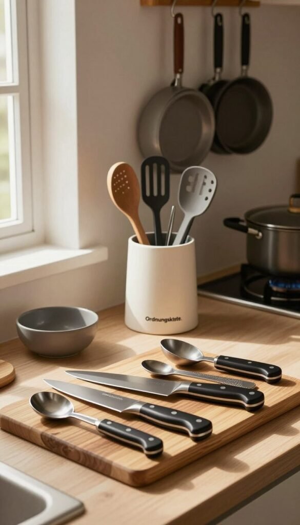 A beautifully arranged kitchen counter showcasing durable, high-quality kitchen tools and helpers branded "Ordnungskiste." In the foreground, a sleek wooden cutting board displays a set of various knives, measuring spoons, and durable utensils, highlighting their craftsmanship and design. The middle ground features a stylish, modern utensil holder filled with essential kitchen gadgets, while softly lit pots and pans hang on the wall in the background, giving a warm, homely atmosphere. Natural light filters through a nearby window, casting gentle shadows that enhance the texture of the materials. The mood is inviting and practical, capturing the essence of longevity and reliability in everyday kitchen use. The colors are warm and earthy, creating an authentic, Pinterest-inspired aesthetic. The image is free from any text or branding overlays.