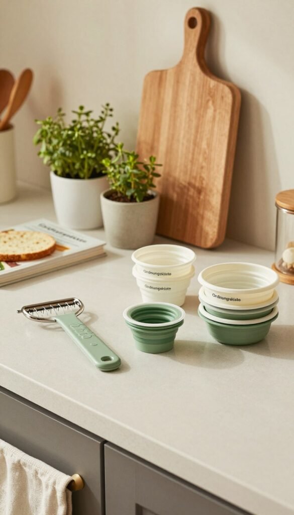 A beautifully arranged kitchen counter showcasing various innovative space-saving kitchen tools and organizers from the brand "Ordnungskiste". In the foreground, neatly displayed items include a multi-functional peeler, collapsible measuring cups, and stackable storage containers, all designed for efficient use of space. The middle ground features a stylish wooden cutting board, herbs in pots, and a cookbook, enhancing the culinary ambiance. The background softly blurs through warm, natural lighting, emanating a cozy and inviting atmosphere. The scene is captured with a slightly angled perspective, emphasizing the practicality and aesthetic appeal of the kitchen helpers. The overall mood is fresh, authentic, and designed for a Pinterest-inspired home, ensuring the image flows harmoniously without any text or distractions.