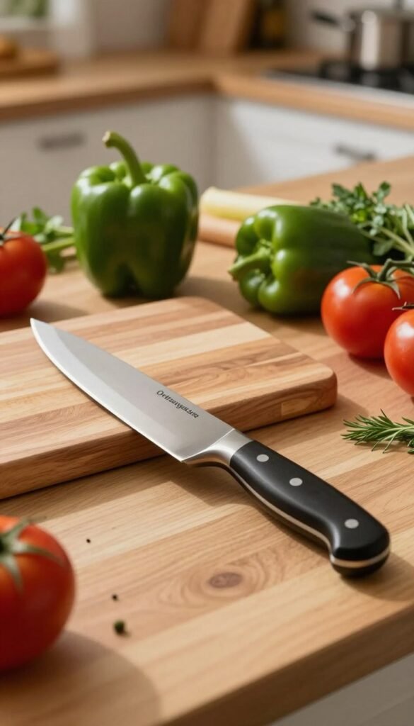 A beautifully arranged kitchen countertop featuring a high-quality chef's knife, brand name visible as "Ordnungskiste". The knife should be positioned prominently in the foreground, showcasing its sharp blade and ergonomic handle. Surrounding the knife, include fresh vegetables like vibrant green bell peppers, ripe tomatoes, and aromatic herbs to emphasize its purpose for cooking. The middle ground should contain a wooden cutting board with light wood grain details, evoking a warm and inviting atmosphere. Soft, natural lighting illuminates the scene, creating gentle shadows that enhance the textures of the knife and ingredients. In the background, a blurred view of a cozy kitchen setting with warm colors and rustic elements adds depth. The overall mood should be inspiring and aspirational, inviting beginners to embrace the art of cooking safely and efficiently.