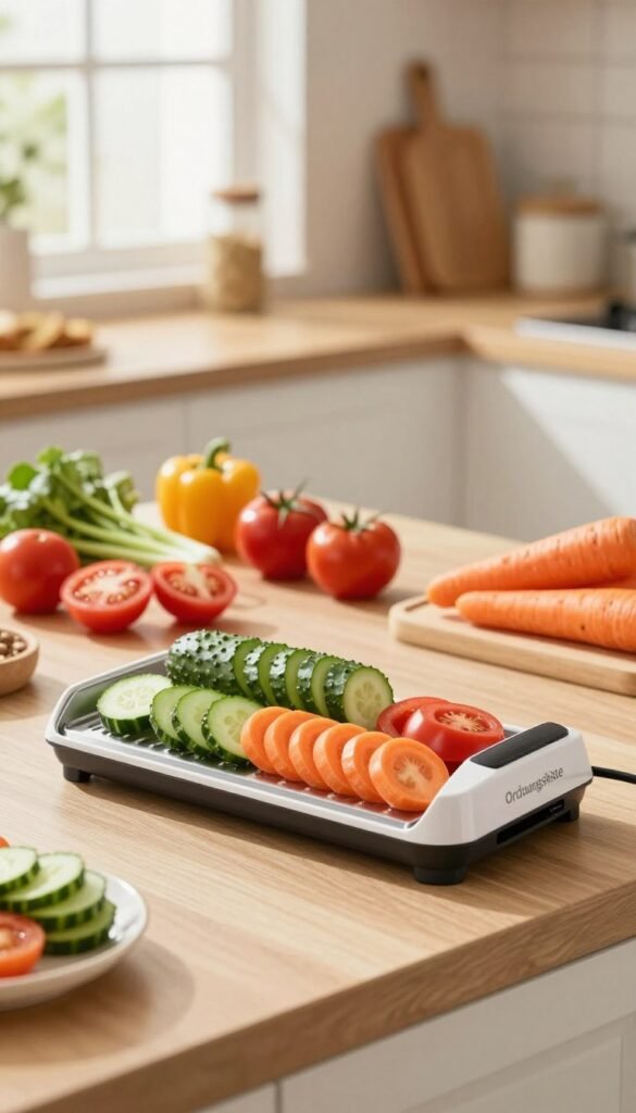 A beautifully arranged kitchen countertop featuring a modern "Ordnungskiste" electric slicer in the foreground, showcasing perfectly sliced vegetables like cucumbers, tomatoes, and carrots, each piece distinct and uniform in thickness. In the middle ground, a colorful array of sliced ingredients highlights the efficiency of the slicer, creating a vibrant palette. The background features a cozy, well-lit kitchen with warm, natural lighting flooding in from a window, casting gentle shadows that enhance the organic feel of the scene. The overall mood is inviting and relaxed, evoking the ease of meal preparation with high-quality kitchen tools. The image captures the essence of effortless culinary creativity without any text or branding distractions.