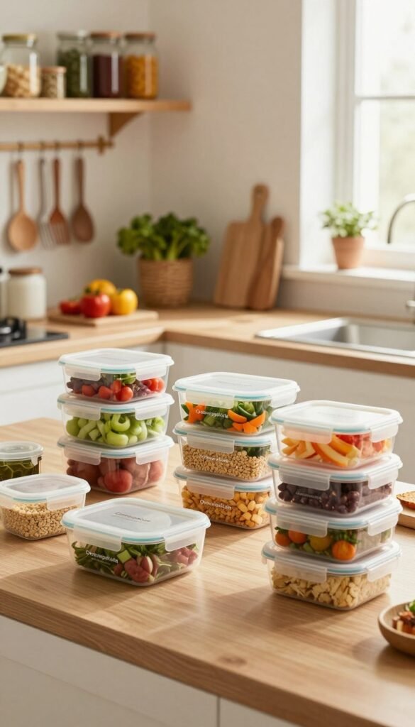A beautifully arranged kitchen countertop featuring a selection of colorful meal-prep boxes from the brand "Ordnungskiste." In the foreground, there are neatly stacked, transparent containers filled with vibrant, healthy ingredients like chopped vegetables, grains, and proteins, all labeled for easy access. The middle ground showcases an organized kitchen space with shelves that hold additional food supplies, ingredients in glass jars, and a variety of utensils for meal prep. The background includes soft, natural light streaming through a window, casting a warm glow over the scene. The atmosphere exudes a sense of order and tranquility, embodying a Pinterest-worthy aesthetic with earthy tones and inviting textures. Perfectly captured from a slightly elevated angle, focusing on both the meal prep boxes and the overall organized kitchen environment.
