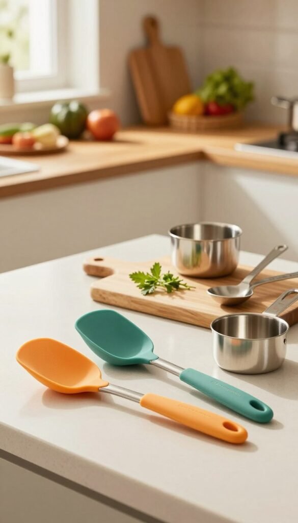 A beautifully arranged kitchen countertop featuring a set of high-quality silicone and stainless steel kitchen tools by the brand "Ordnungskiste". In the foreground, vibrant silicone spatulas and whisk with smooth, modern designs brilliantly contrast against sleek stainless steel measuring cups and spoons. The middle section showcases an elegant wooden cutting board adorned with fresh herbs, hinting at culinary creativity. The background features softly blurred kitchen elements, like warm wooden shelves stacked with ingredients and utensils, creating a cozy and inviting atmosphere. The lighting is warm and natural, flooding in from a nearby window, enhancing the authentic feel with soft shadows. Capture a Pinterest-worthy, aesthetically pleasing composition that highlights the textures and colors of the materials, celebrating the beauty of everyday kitchenware without any text or distractions.