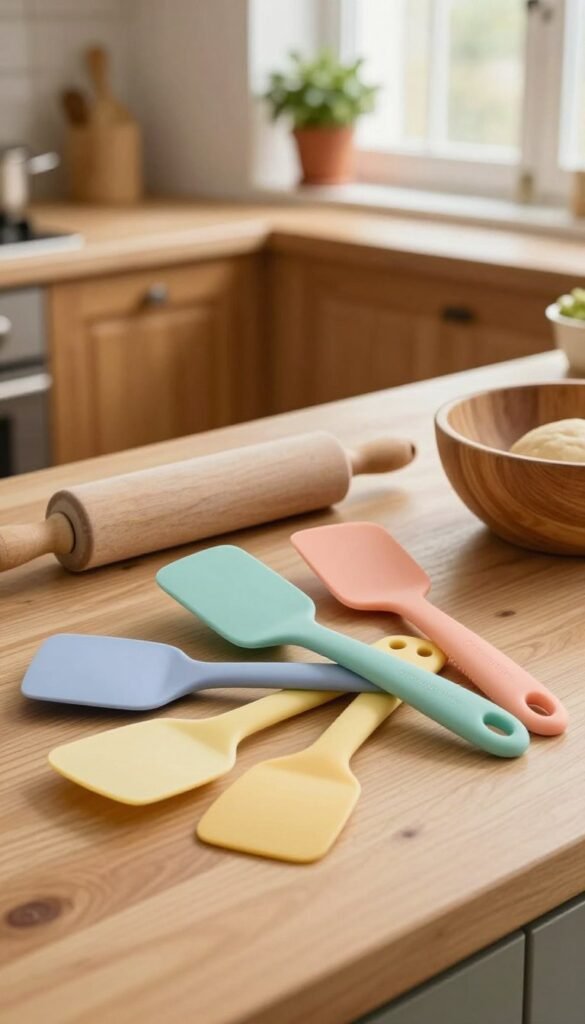 A beautifully arranged kitchen countertop featuring a set of high-quality silicone spatulas and dough scrapers from the brand "Ordnungskiste". The foreground highlights vibrant, pastel-colored silicone spatulas with a slightly glossy finish, showing details like the soft edges and flexible design. In the middle, include a rolling pin and a wooden bowl partially filled with dough, emphasizing the multifunctional aspect of the tools. The background captures a cozy kitchen atmosphere, with warm, natural lighting illuminating rustic wooden cabinets and potted herbs on the windowsill. Focus on creating a warm and inviting mood, reflective of an efficient modern kitchen. The overall composition should evoke a sense of authenticity and inspire creativity in baking and cooking tasks.