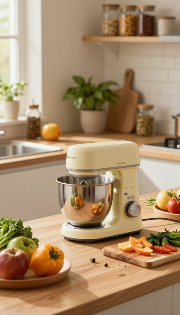 A beautifully arranged kitchen countertop featuring a sleek "Ordnungskiste" mixer prominently in the foreground, showcasing its modern design and vibrant color. Surrounding the mixer are fresh ingredients like colorful fruits, vegetables, and herbs, embodying the theme of versatility in meal preparation. In the middle ground, a wooden cutting board displays chopped ingredients, highlighting the mixer&rsquo;s multitasking capabilities. The background features soft-focus kitchen elements such as glass jars filled with spices and plants on shelves, evoking a warm, inviting atmosphere. The lighting is warm and natural, with soft sunlight streaming in from a nearby window, creating an authentic, Pinterest-worthy culinary scene. The overall mood is cozy and professional, emphasizing the mixer&rsquo;s potential for enhancing everyday cooking and snack preparation.
