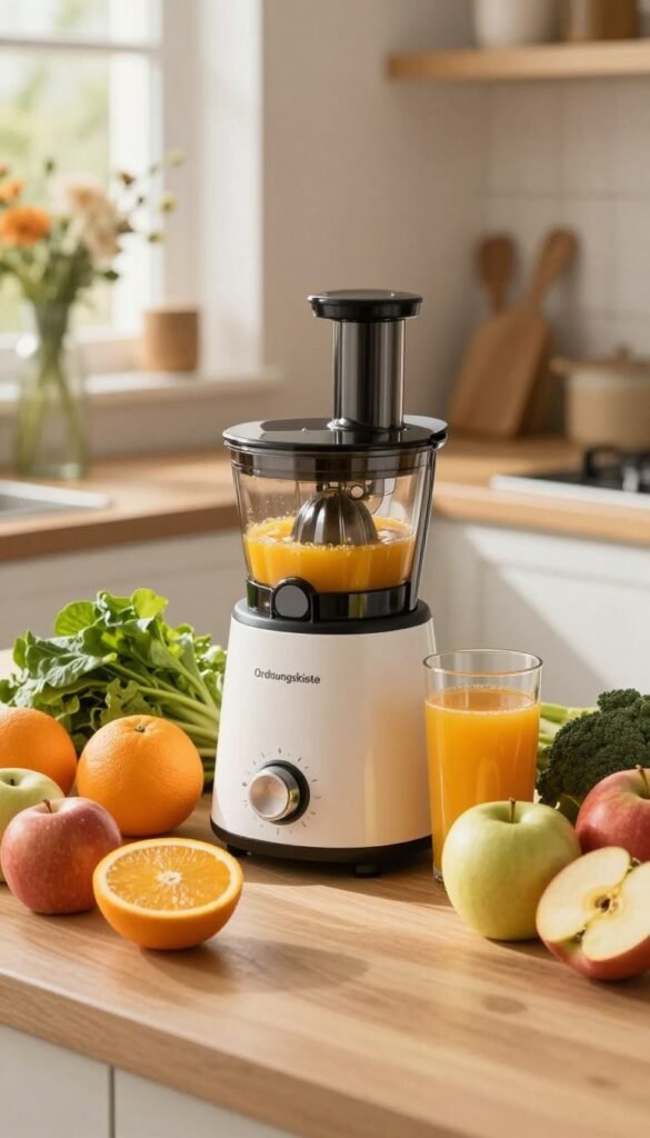 A beautifully arranged kitchen countertop featuring a sleek and modern "Ordnungskiste" juicer as the focal point in the foreground. The juicer is surrounded by an assortment of vibrant, fresh fruits and vegetables&mdash;bright oranges, leafy greens, and juicy apples&mdash;triumphantly showcasing the potential of wholesome juices. In the middle ground, a glass filled with freshly squeezed juice exhibits a rich, golden-orange color, catching the warm, natural light streaming in from a nearby window. The background should include soft-focus elements like a floral centerpiece and casual kitchen utensils, creating a cozy and inviting atmosphere. Use warm color tones to evoke a sense of freshness and health, with an overall Pinterest aesthetic that inspires a simple, effortless lifestyle. Soft lighting highlights the textures of the ingredients, while a gentle depth of field emphasizes the juicer as the star of this culinary scene.