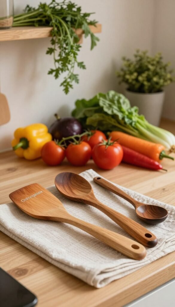 A beautifully arranged kitchen countertop featuring a spatula, wooden spoon, and tongs from the brand "Ordnungskiste." The spatula and tongs are elegantly crafted with a natural wood finish, while the spoon has a rich, dark hue. In the foreground, they are artistically displayed on a soft, textured kitchen towel. The middle ground includes a vibrant assortment of fresh vegetables, adding color and life to the scene. In the background, there are cozy kitchen elements, such as a wall shelf with herbs and a small potted plant, all bathed in warm, inviting light that creates a comfortable atmosphere. The overall image conveys a sense of multifunctional kitchen harmony and authenticity, capturing a Pinterest-worthy look without any text or distractions.