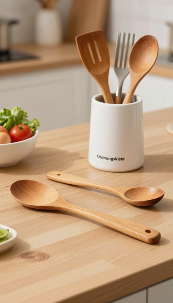 A beautifully arranged kitchen countertop featuring a stylish, wooden spatula and a sturdy wooden spoon, both crafted from high-quality materials. The foreground highlights these utensils, showcasing their natural grain and warm tones. In the middle ground, a well-organized utensil holder labeled "Ordnungskiste" sits next to a bowl filled with fresh ingredients, hinting at a culinary environment. The background reveals a softly blurred kitchen scene with warm lighting, creating a cozy and inviting atmosphere that radiates a sense of homeliness. The composition captures the essence of functionality and style in everyday cooking, emphasizing the importance of essential kitchen tools that save time and enhance the cooking experience. Ideal for illustrating the basics of efficient kitchen helpers.