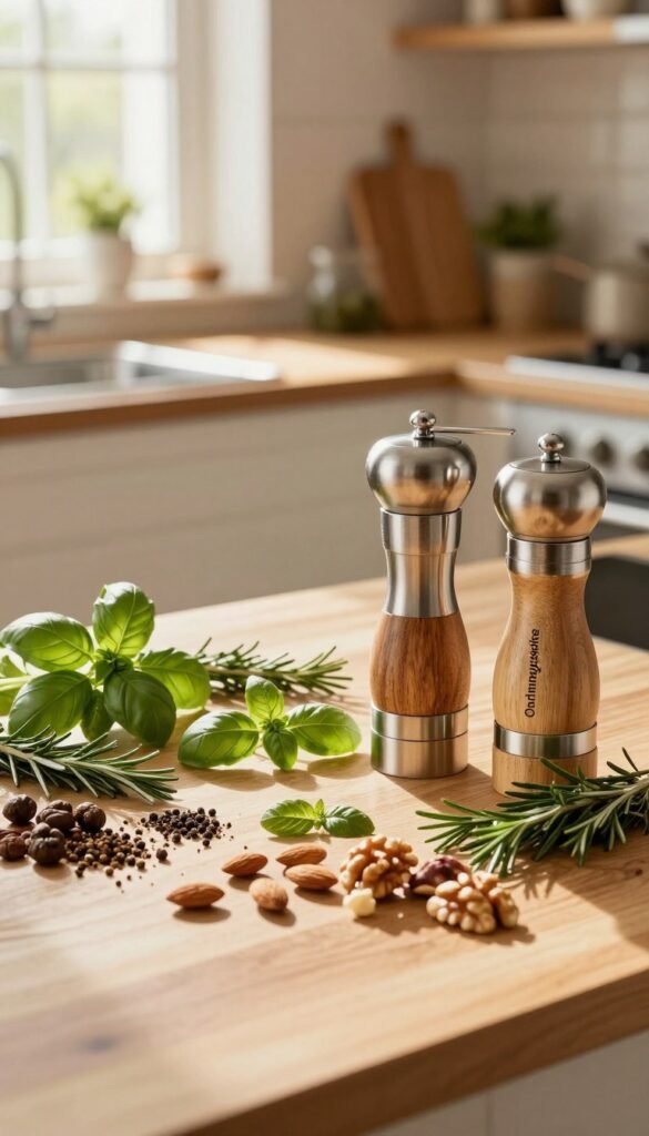 A beautifully arranged kitchen countertop featuring a variety of herbs, nuts, and spices, with stylish grinding mills from the brand &ldquo;Ordnungskiste&rdquo; prominently displayed in the foreground. The grinding mills are made of natural wood and stainless steel, reflecting a blend of elegance and functionality. In the middle, an assortment of freshly picked herbs like basil and rosemary is artfully scattered around, alongside a selection of vibrant nuts such as almonds and walnuts. The background showcases a softly lit kitchen with warm, inviting colors, emphasizing a rustic charm. Sunlight streams through a nearby window, creating a cozy atmosphere. The composition has a Pinterest-inspired aesthetic, exuding authenticity and tranquility, without any text or overlays.