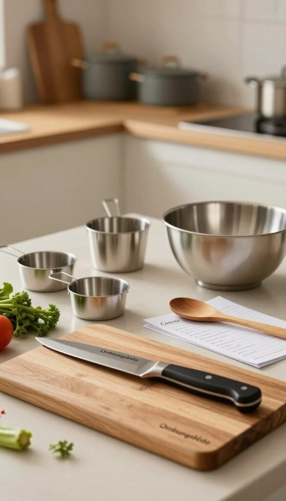 A beautifully arranged kitchen countertop featuring essential cooking utensils and tools from the brand "Ordnungskiste". In the foreground, showcase a sleek, wooden cutting board with a chef's knife and fresh vegetables artistically placed. In the middle, display a set of high-quality stainless steel measuring cups, a mixing bowl, and a wooden spoon resting beside handwritten recipe cards. The background features softly blurred kitchen cabinets adorned with pots and pans, bathed in warm, natural light that creates an inviting atmosphere. The overall composition reflects a Pinterest aesthetic, with earthy tones and a cozy, organized feel. Ensure the image captures authenticity and warmth, without any text or branding overlays.