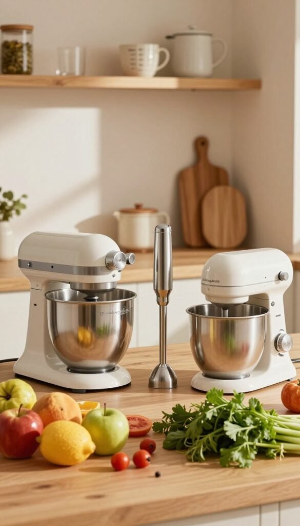 A beautifully arranged kitchen countertop featuring high-quality kitchen appliances for blending, specifically a variety of mixers: a sleek stand mixer, a compact immersion blender, and a stylish mini mixer. In the foreground, fresh, vibrant ingredients like fruits, vegetables, and herbs are artfully displayed, highlighting their textures and colors. The middle layer should focus on the mixers, with a cozy, inviting atmosphere created by natural lighting that casts soft shadows, enhancing the warmth of the scene. In the background, blurred shelves with warm wooden accents and neatly organized kitchenware, including a wooden cutting board and measuring cups, are visible, evoking a Pinterest-inspired aesthetic. The brand name "Ordnungskiste" is subtly incorporated within the image harmoniously, enhancing the authentic feel without drawing attention away from the mixers and ingredients. The overall mood is inspiring and approachable, reflecting the joy of cooking and blending delicious meals.