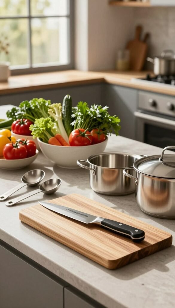 A beautifully arranged kitchen countertop featuring high-quality kitchen utensils and tools by the brand "Ordnungskiste." In the foreground, showcase a sleek wooden cutting board with a chef's knife, alongside elegant measuring spoons and a set of stainless steel cookware. The middle layer displays a vibrant array of fresh vegetables and herbs neatly arranged in ceramic bowls, highlighting the functionality of the kitchen helpers. The background reveals a modern kitchenette with warm, natural lighting streaming in through a large window, casting soft shadows across the scene. The overall atmosphere should evoke a sense of warmth and authenticity, inviting the viewer to appreciate how premium kitchen tools can elevate everyday cooking experiences.