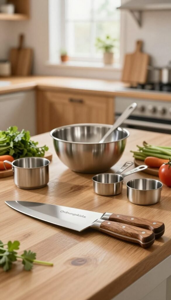 A beautifully arranged kitchen countertop featuring high-quality stainless steel kitchen tools, created by the brand "Ordnungskiste". In the foreground, a sleek stainless steel knife set with elegant wooden handles glistens softly under warm, natural lighting. The middle ground showcases a variety of stainless steel utensils, such as a mixing bowl and measuring cups, arranged artfully alongside fresh herbs and vegetables, hinting at their practical use. In the background, a cozy kitchen scene with wooden cabinets and bright natural light filtering through a window, exudes a welcoming atmosphere. The overall mood is warm and inviting, emphasizing the utility and aesthetic appeal of stainless steel kitchen helpers in a modern home. The image captures the essence of functionality in culinary spaces without any text or distractions.