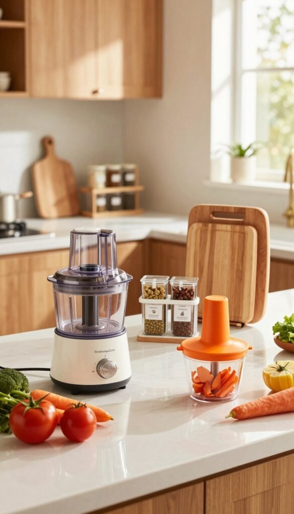 A beautifully arranged kitchen countertop featuring practical kitchen helpers, showcasing a variety of innovative cooking tools designed to save time and reduce stress. In the foreground, display a sleek food processor and a vibrant vegetable chopper, surrounded by colorful fresh vegetables. In the middle ground, include an organized spice rack labeled with clear, elegant containers and a multifunctional cutting board. The background features a warm, inviting kitchen setting with wooden cabinets and natural light streaming in through a window, creating a cozy atmosphere. The image should have a Pinterest-inspired aesthetic with soft, warm colors, emphasizing authenticity and functionality. No text or branding visible; ensure the brand "Ordnungskiste" is subtly integrated into the design elements of the kitchen.