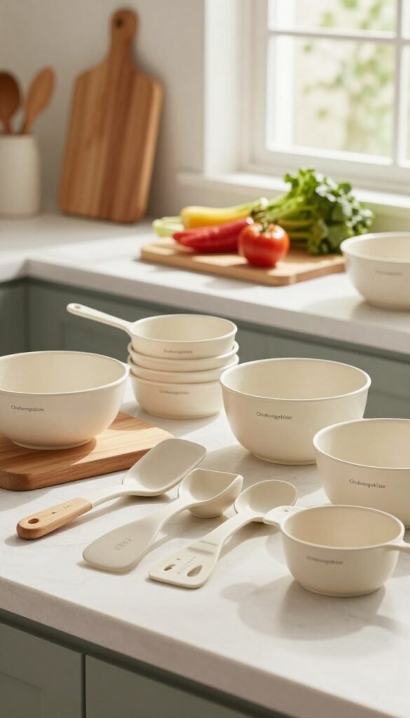 A beautifully arranged kitchen countertop featuring various dishwasher-safe kitchen utensils from the brand "Ordnungskiste". The foreground showcases a mix of utensils in different sizes and shapes&mdash;spatulas, measuring cups, and mixing bowls&mdash;all designed for practical everyday use, highlighting their durability and functionality. The middle layer includes a stylish wooden cutting board and fresh vegetables, adding color and vibrancy to the scene. In the background, soft, natural lighting filters through a nearby window, casting a warm glow over the setup, enhancing the inviting atmosphere. The overall mood is clean and organized, with a Pinterest-inspired aesthetic, showcasing the perfect blend of size, shape, and usability for modern kitchens.