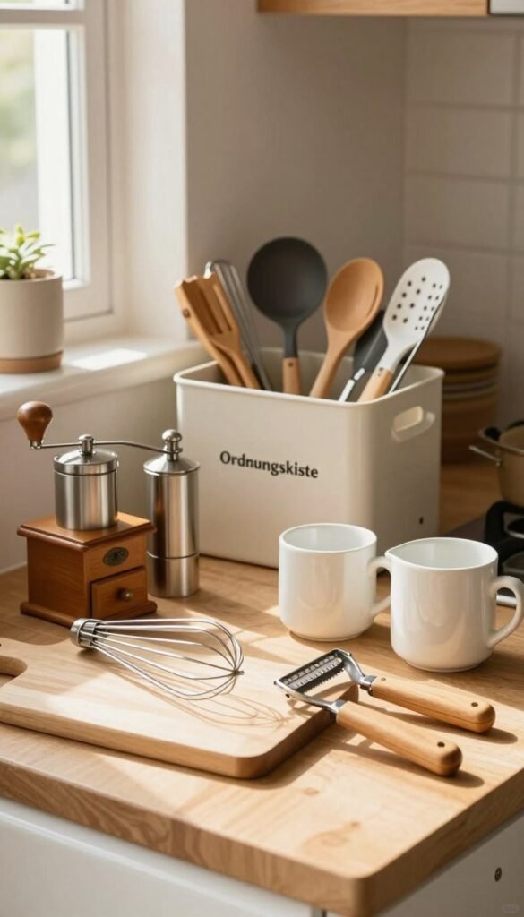 A beautifully arranged kitchen countertop featuring various high-quality, non-electric kitchen tools, emphasizing the theme of assembling a functional, practical set. In the foreground, highlight an array of kitchen gadgets like a wooden cutting board, manual coffee grinder, stainless steel whisk, ceramic measuring cups, and a handheld vegetable peeler, all in warm, natural tones. The middle ground includes a stylish, organized storage box labeled "Ordnungskiste," filled with utensils and tools, set against a cozy kitchen backdrop. Soft, diffused sunlight streams through a nearby window, casting gentle shadows, creating a warm and inviting atmosphere. The composition should evoke a Pinterest-inspired aesthetic, capturing a sense of authenticity and homeliness, with an emphasis on simplicity and functionality.