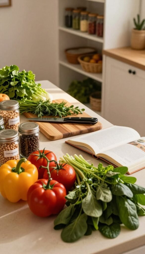 A beautifully arranged kitchen countertop filled with an array of fresh ingredients, perfect for meal prep. In the foreground, vibrant vegetables like bell peppers, tomatoes, and leafy greens are neatly organized alongside jars of spices and beans labeled "Ordnungskiste." In the middle, a wooden cutting board displays a knife and an assortment of herbs, while a cookbook lies open, suggesting a well-planned approach to cooking. The light is warm and inviting, casting soft shadows and highlighting the textures of the ingredients. In the background, a tidy pantry with neatly stocked shelves adds depth to the scene, creating a calm and organized atmosphere ideal for a hassle-free cooking experience. The overall feel is natural, cozy, and authentically styled with a Pinterest aesthetic.