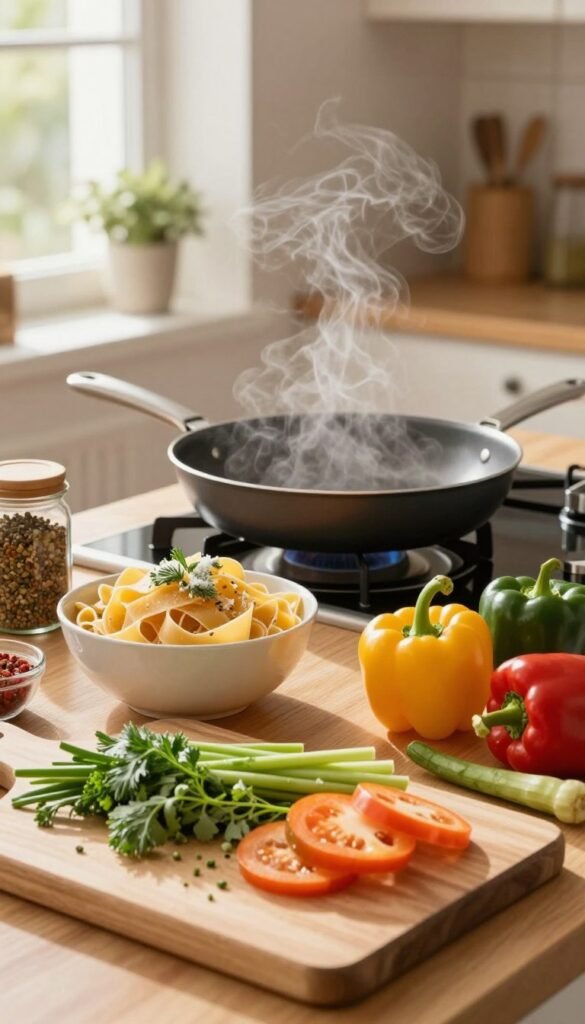 A beautifully arranged kitchen countertop filled with quick cooking ingredients, including a bowl of vibrant, fresh pasta, bright green frozen vegetables, colorful bell peppers, and a jar of spices. The foreground features a wooden cutting board with sliced vegetables and herbs, creating an inviting culinary atmosphere. In the middle, a sleek pan sits on a modern stove, with steam gently rising, hinting at a meal in preparation. The background showcases warm, natural lighting streaming in through a window, highlighting the kitchen's cozy and welcoming ambiance. The brand name "Ordnungskiste" subtly integrated into the design, emphasizing organization and efficiency in cooking. The mood is relaxed and homely, perfect for inspiring quick meal preparations.