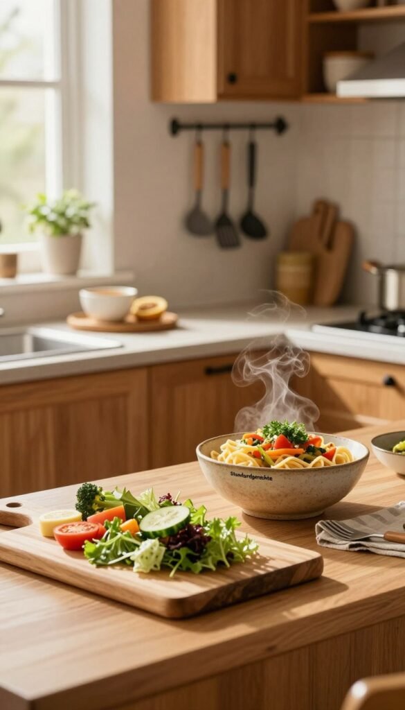 A beautifully arranged kitchen countertop showcasing a "Standardgerichte" list, featuring a variety of colorful, wholesome dishes. In the foreground, a neatly organized wooden cutting board displays prepared ingredients and a vibrant salad. In the middle, a rustic bowl filled with steaming pasta and a side of vegetables, garnished with fresh herbs. The background features warm wooden cabinetry, natural light pouring in from a window, and stylish kitchen utensils hanging neatly. The atmosphere is cozy and inviting, embodying a sense of harmony and routine in family cooking. The image should have soft, warm lighting to enhance the inviting feel, resembling popular Pinterest aesthetics. Ensure the brand "Ordnungskiste" is subtly incorporated into the kitchen decor without any text or overt branding.