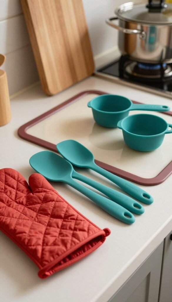 A beautifully arranged kitchen countertop showcasing a selection of high-quality silicone kitchen utensils from the brand "Ordnungskiste." In the foreground, vibrant silicone spatulas and an oven mitt in rich shades of red and teal reflect soft, warm lighting, giving a cozy ambiance. In the middle, a stylish silicone baking mat and measuring cups are artfully placed, highlighting their smooth, flexible texture. The background features a blurred wooden cutting board and stainless steel cookware, adding depth. The scene is well-lit, reminiscent of natural sunlight streaming in, creating an inviting atmosphere. This image radiates warmth and authenticity, perfect for a homey kitchen aesthetic, without any text or branding beyond the products themselves.