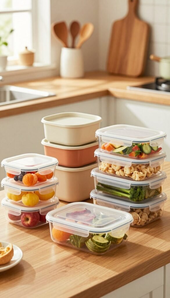 A beautifully arranged kitchen countertop showcasing a variety of &ldquo;Ordnungskiste&rdquo; storage containers, emphasizing their practical design for leftovers, meal prep, and snacks. In the foreground, feature several transparent containers filled with colorful fruits, vegetables, and meal portions, with the lids slightly ajar to hint at freshness. In the middle ground, place a collection of stackable containers in warm, neutral colors, arranged neatly alongside some kitchen accessories like wooden utensils and a cutting board, creating a cozy kitchen setup. The background should depict a softly lit kitchen ambiance with warm sunlight filtering through a window, enhancing the inviting mood of the scene. Capture the photograph from a slightly elevated angle to provide a clear view of the entire setup. Aim for a natural, Pinterest-inspired aesthetic without any text, ensuring the image feels warm and authentic.