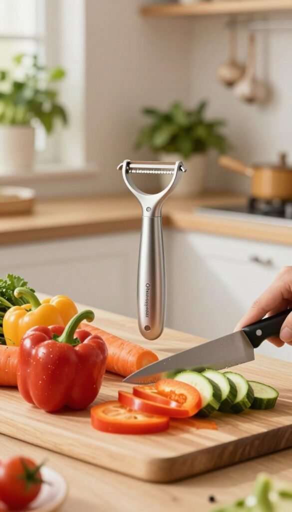A beautifully arranged kitchen countertop showcasing a variety of fresh vegetables being sliced. In the foreground, a wooden cutting board is occupied by a vibrant array of bell peppers, carrots, and zucchini, with a sleek knife poised mid-action, glistening with freshness. The middle ground features stylish kitchen tools by "Ordnungskiste," including a peeler and a precise slicing tool, all exuding a modern design. The background reveals a softly lit kitchen with warm, natural colors that evoke a cozy atmosphere, complete with herb plants and hanging garlic. The lighting is bright but gentle, creating an inviting mood, captured with a softly blurred depth of field, emphasizing the vibrant colors and textures of the vegetables without any text or distractions.