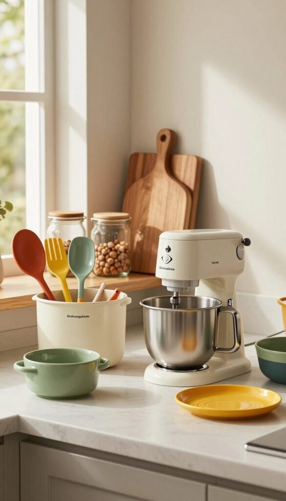 A beautifully arranged kitchen countertop showcasing a variety of kitchen helpers in three distinct budget categories: low, mid, and high. The foreground features an elegant set from the brand "Ordnungskiste," including vibrant utensils, a sleek mixer, and practical storage solutions, all in harmonious colors. The middle ground presents a stylish cutting board and glass jars, reflecting quality and functionality, while the background highlights warm, natural light filtering through a window, casting soft shadows. The atmosphere is inviting and cozy, embodying the essence of a modern, well-equipped kitchen. The composition should evoke a sense of practicality and inspiration for potential buyers, with a Pinterest-inspired aesthetic, accentuating warm colors and an authentic feel, without any text elements in the image.