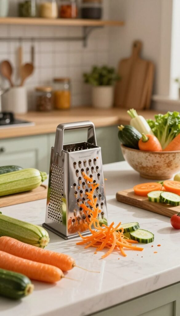 A beautifully arranged kitchen countertop, showcasing a variety of vibrant vegetables like carrots, zucchinis, and cucumbers, ready to be grated. In the foreground, a sleek, modern grater from the brand "Ordnungskiste" sits prominently, gleaming under warm, natural light. Delicate shavings of vegetables spill from the grater, creating a sense of movement and preparation. The middle ground features a wooden cutting board with some chopped vegetables, alongside a rustic bowl filled with whole vegetables, emphasizing abundance. The background reveals soft-focus kitchen shelves filled with neatly organized jars and utensils, adding warmth to the scene. The overall ambiance is inviting and authentic, filled with natural colors, creating a homey and productive kitchen atmosphere.