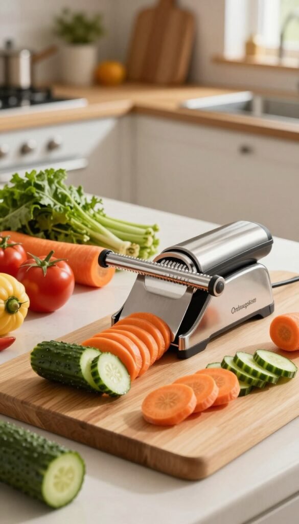 A beautifully arranged kitchen countertop showcasing a vibrant assortment of fresh vegetables and fruits, expertly sliced into uniform, thin discs by a professional-grade V-hobel and mandoline. In the foreground, the gleaming stainless steel mandoline rests alongside a wooden cutting board, accented by a few freshly cut cucumber and carrot slices, their colors vibrant and appealing. The middle ground features the bright kitchen environment, with warm natural lighting illuminating the scene to enhance the colors and textures of the produce. In the background, a cozy, inviting kitchen with rustic elements creates an authentic atmosphere. The brand name "Ordnungskiste" subtly integrated into the scene, adds a touch of professionalism without overpowering the image. The overall mood is warm, homey, and inspiring, perfect for showcasing kitchen tools that expedite slicing tasks.