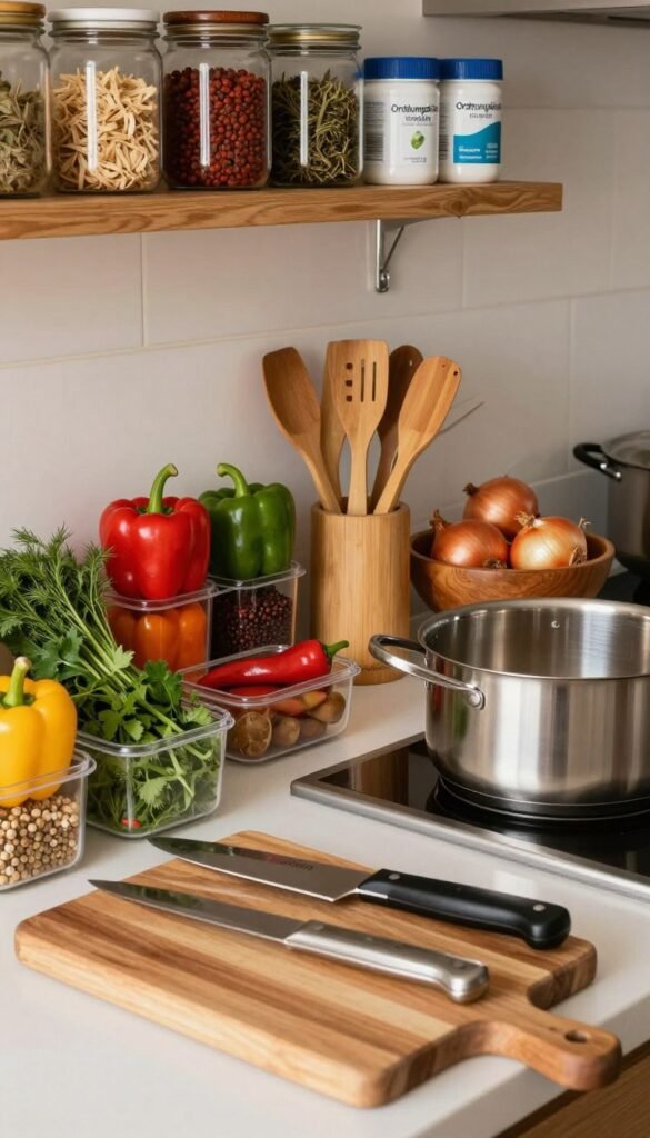 A beautifully arranged kitchen countertop showcasing a vibrant "mise en place" setup, featuring an array of fresh ingredients like colorful bell peppers, herbs, and spices in neatly organized containers. In the foreground, there are elegant wooden cutting boards and sharp knives poised for action, with a shimmering stainless steel pot ready to cook. The middle ground highlights a tidy workspace with bamboo utensils and a rustic bowl filled with onions, all bathed in warm, natural light that creates a cozy atmosphere. In the background, shelves are lined with stylish jars and "Ordnungskiste" products, enhancing the feeling of orderliness. The scene conveys a sense of professionalism and readiness, evoking inspiration for culinary efficiency. Authentic, Pinterest-like aesthetic inviting viewers into the art of organized cooking.