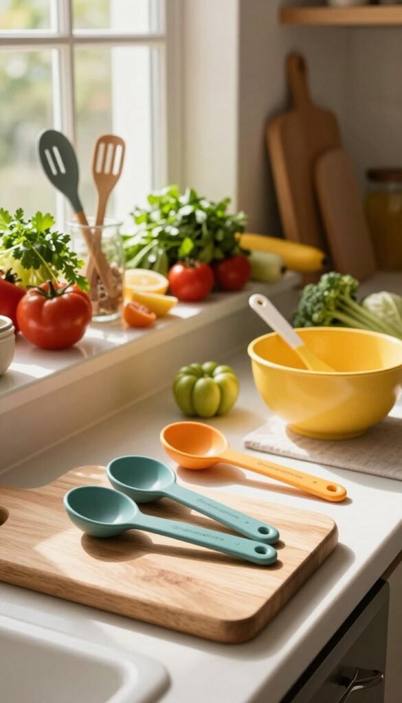 A beautifully arranged kitchen countertop showcasing a vibrant selection of high-quality kitchen utensils from the brand "Ordnungskiste." In the foreground, elegant wooden cutting boards and colorful, functional kitchen gadgets like measuring spoons and mixing bowls create an inviting atmosphere. The middle layer features fresh ingredients, such as herbs, fruits, and vegetables, artfully placed to emphasize cooking creativity. In the background, warm, natural light filters through a window, casting soft shadows and promoting a cozy, homey feel. The scene captures the essence of choosing the right kitchen tools, with warm colors that resonate with a Pinterest-inspired aesthetic, evoking a sense of comfort and inspiration without any text or distractions.