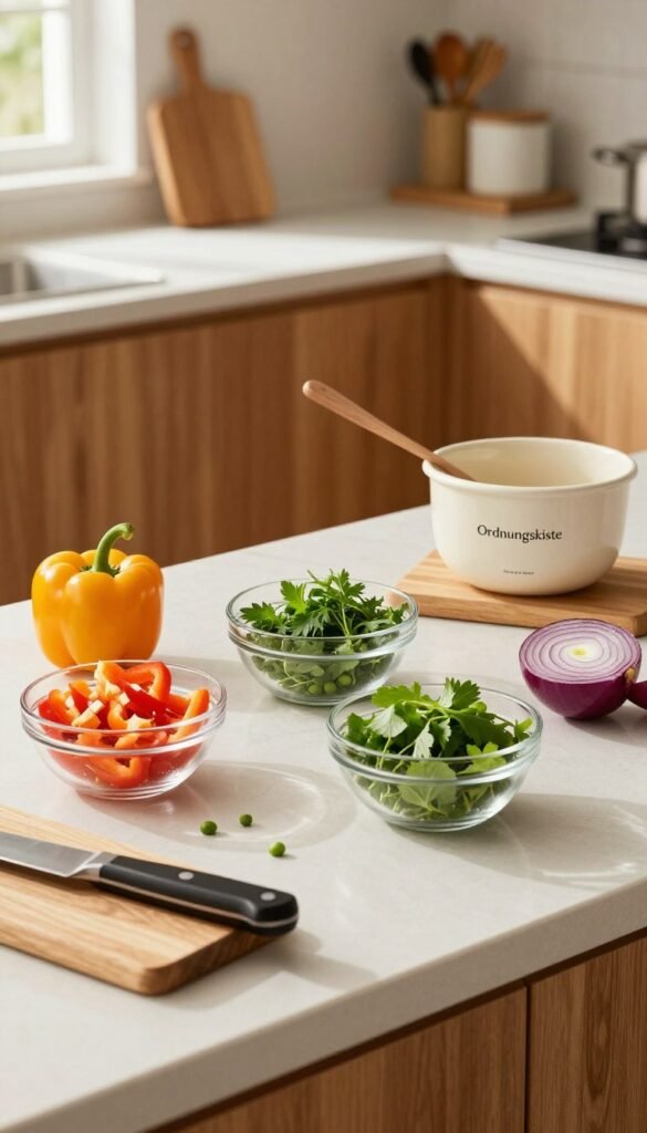 A beautifully arranged kitchen countertop showcasing an array of "mise en place" ingredients, including vibrant chopped vegetables such as bell peppers, red onions, and fresh herbs artfully presented in small, clear glass bowls. A wooden cutting board with a chef's knife resting nearby adds a touch of rustic charm. In the background, warm and inviting kitchen decor with wooden cabinets and soft, natural lighting creates a cozy atmosphere. The composition includes a hint of sunlight filtering through a window, casting gentle shadows that enhance the textures. The setting reflects an organized and stress-free cooking environment, echoing the theme of preparation and simplicity. The brand "Ordnungskiste" is subtly incorporated as stylish kitchenware, emphasizing the importance of order in reducing kitchen stress.