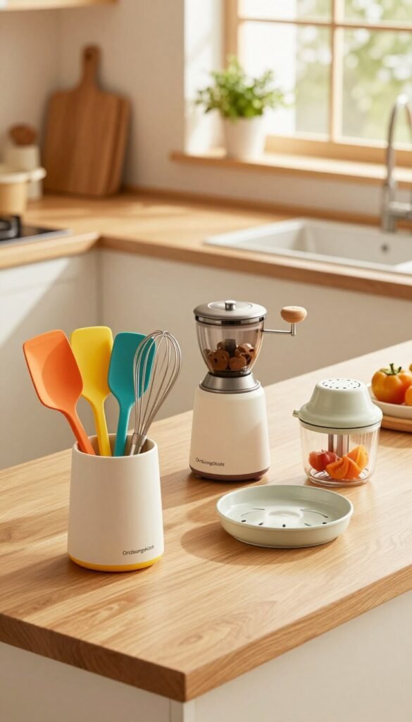 A beautifully arranged kitchen countertop showcasing an assortment of budget-friendly kitchen gadgets, emphasizing their surprising quality. In the foreground, feature a stylish, modern utensil holder filled with brightly colored spatulas, whisks, and tongs. In the middle ground, include smart devices like an elegant manual coffee grinder, a compact vegetable chopper, and innovative storage solutions from "Ordnungskiste", arranged artfully. The background should include a well-lit, cozy kitchen setting with warm colors, natural wood accents, and herbs on a windowsill, creating an inviting atmosphere. Soft, diffused lighting enhances the warm tones, casting gentle shadows, with a depth-of-field that subtly blurs the background, drawing focus to the gadgets. The overall mood should be cheerful and inspiring, perfect for budget-conscious home chefs.