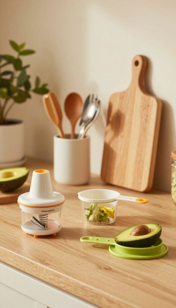 A beautifully arranged kitchen countertop showcasing an assortment of innovative kitchen gadgets from the brand "Ordnungskiste". In the foreground, vibrant and practical gadgets like a sleek vegetable spiralizer, multifunctional measuring cups, and a stylish avocado slicer are featured, illuminated by soft, warm lighting. The middle ground displays a neatly organized utensil holder and a modern cutting board, while the background features a softly blurred kitchen with natural wood accents and plants adding a touch of greenery. The overall mood is inviting and cozy, conveying a sense of functionality paired with aesthetic charm. The image should reflect a Pinterest-worthy style, emphasizing authentic, everyday usability without any text or labels present.